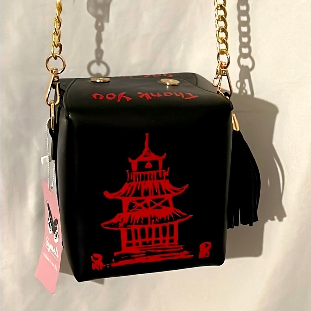 Symeli Unique Black and Red Pagoda Design Tower Print PU Chinese Crossbody